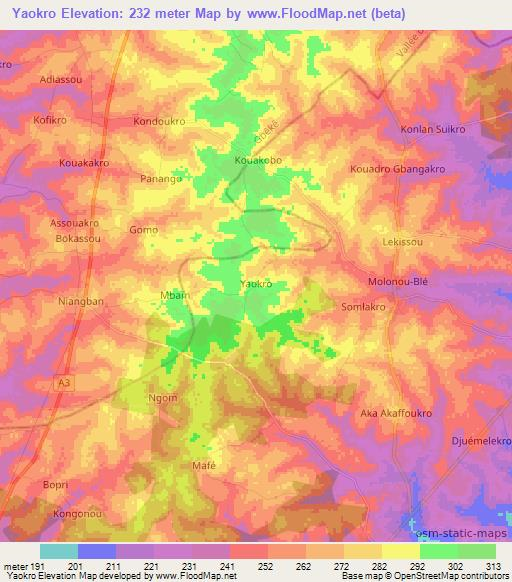 Yaokro,Ivory Coast Elevation Map