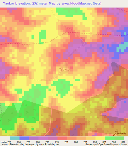 Yaokro,Ivory Coast Elevation Map