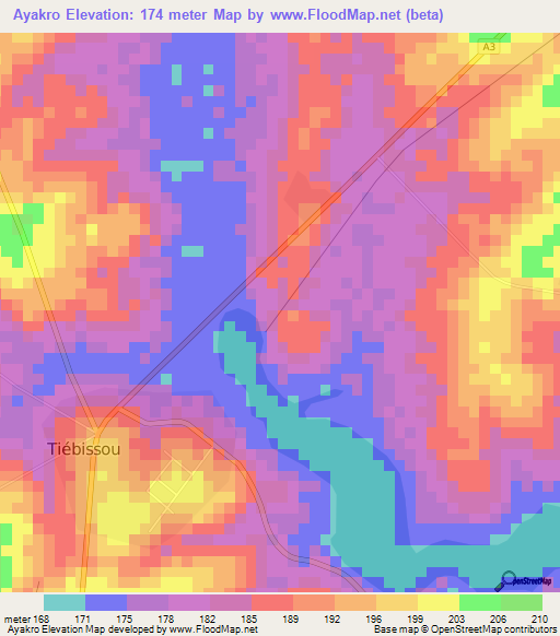 Ayakro,Ivory Coast Elevation Map