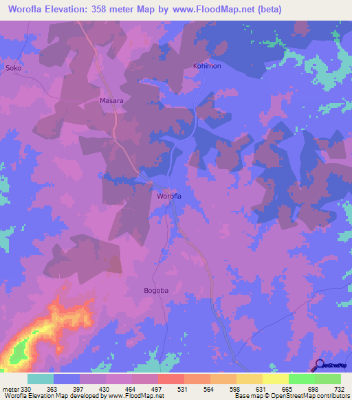 Worofla,Ivory Coast Elevation Map