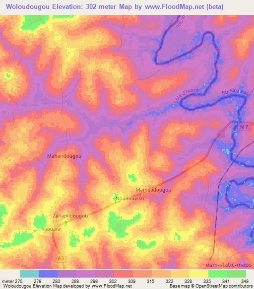 Woloudougou,Ivory Coast Elevation Map