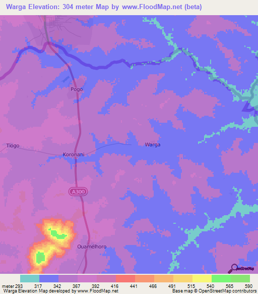 Warga,Ivory Coast Elevation Map