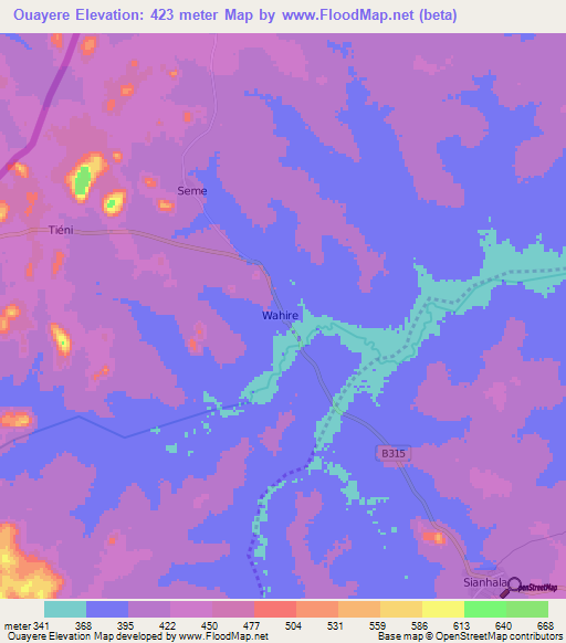 Ouayere,Ivory Coast Elevation Map