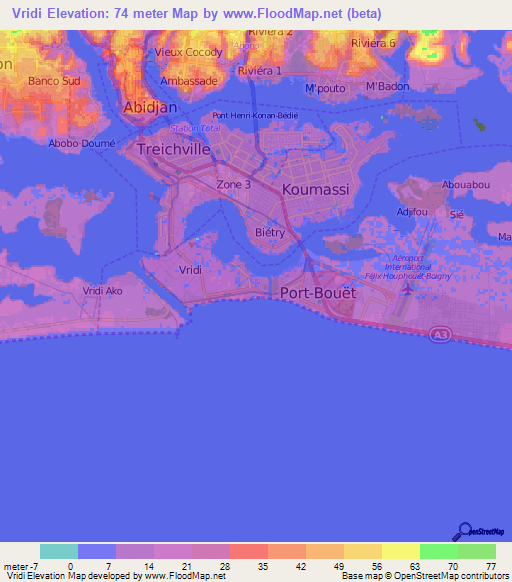 Vridi,Ivory Coast Elevation Map