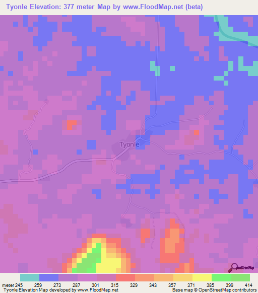 Tyonle,Ivory Coast Elevation Map