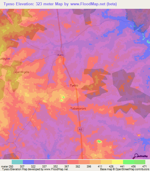 Tyeso,Ivory Coast Elevation Map