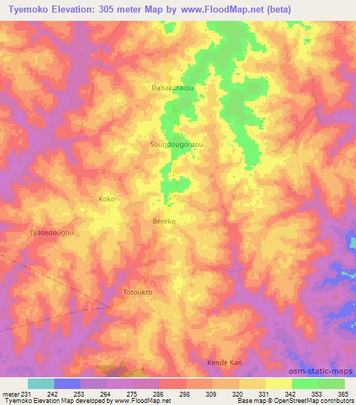 Tyemoko,Ivory Coast Elevation Map