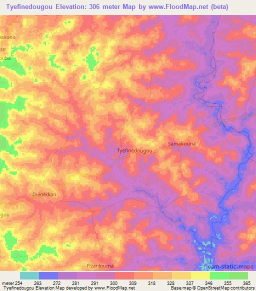Tyefinedougou,Ivory Coast Elevation Map