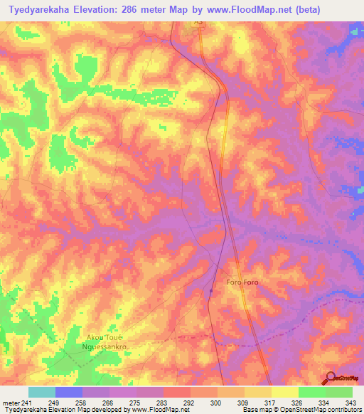 Tyedyarekaha,Ivory Coast Elevation Map