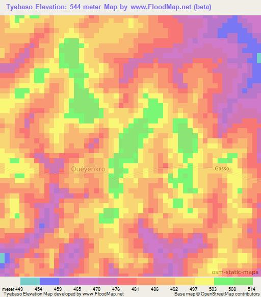 Tyebaso,Ivory Coast Elevation Map