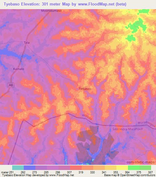 Tyebaso,Ivory Coast Elevation Map