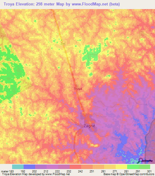 Troya,Ivory Coast Elevation Map