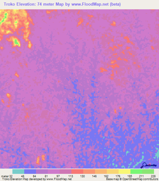 Troko,Ivory Coast Elevation Map