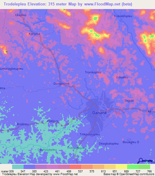 Trodelepleu,Ivory Coast Elevation Map