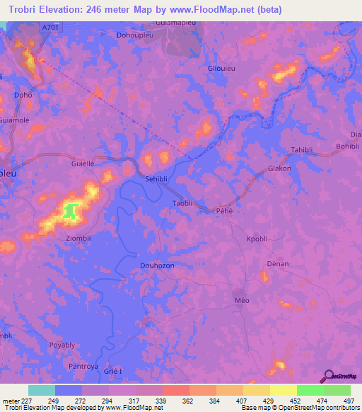 Trobri,Ivory Coast Elevation Map