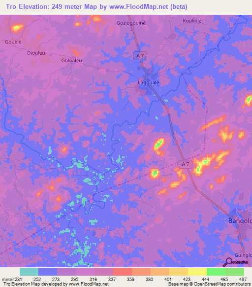 Tro,Ivory Coast Elevation Map