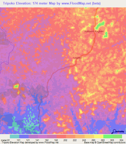 Tripoko,Ivory Coast Elevation Map