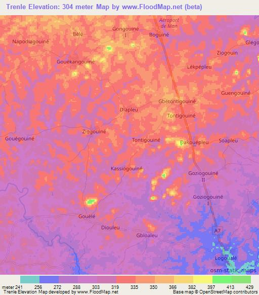 Trenle,Ivory Coast Elevation Map