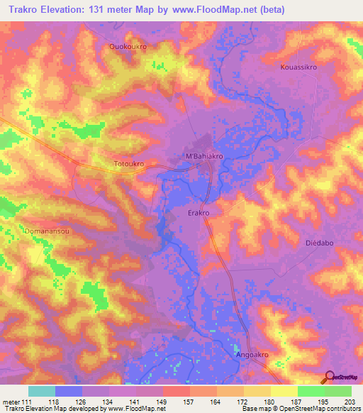 Trakro,Ivory Coast Elevation Map