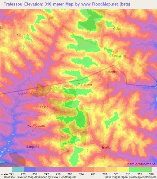 Trafessou,Ivory Coast Elevation Map