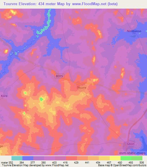 Tourvre,Ivory Coast Elevation Map