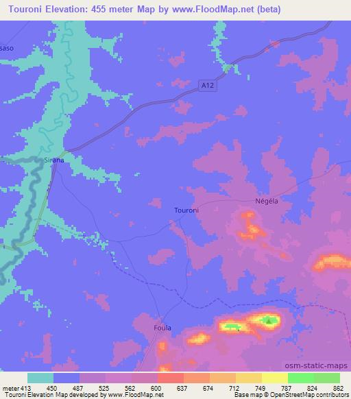 Touroni,Ivory Coast Elevation Map