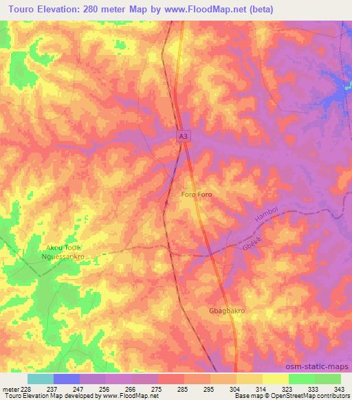 Touro,Ivory Coast Elevation Map