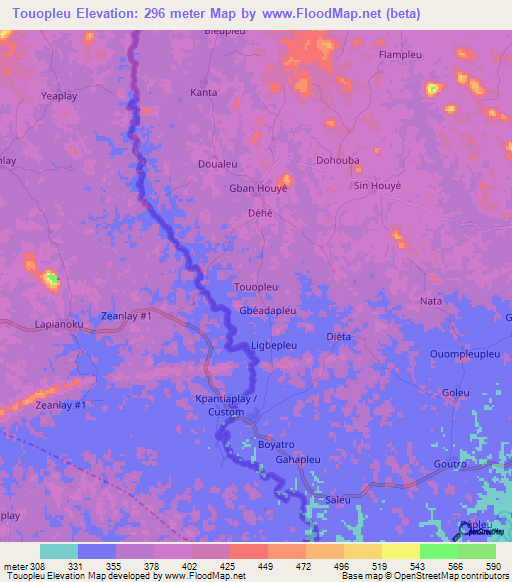 Touopleu,Ivory Coast Elevation Map
