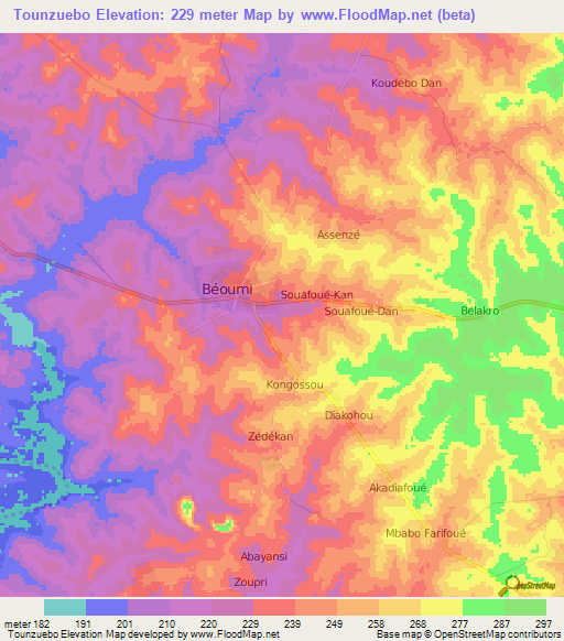 Tounzuebo,Ivory Coast Elevation Map