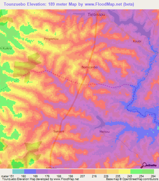Tounzuebo,Ivory Coast Elevation Map