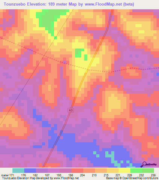 Tounzuebo,Ivory Coast Elevation Map