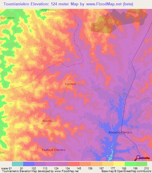 Toumianiekro,Ivory Coast Elevation Map