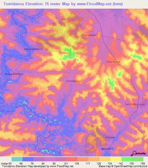 Tomidanou,Ivory Coast Elevation Map