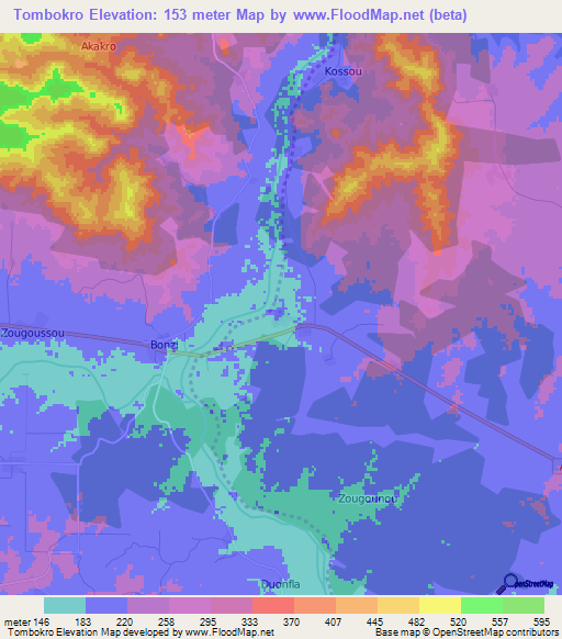 Tombokro,Ivory Coast Elevation Map
