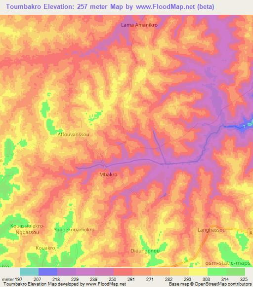 Toumbakro,Ivory Coast Elevation Map