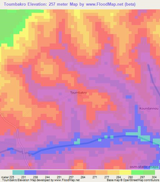Toumbakro,Ivory Coast Elevation Map