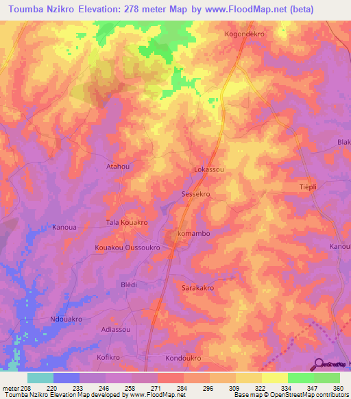Toumba Nzikro,Ivory Coast Elevation Map