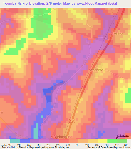 Toumba Nzikro,Ivory Coast Elevation Map