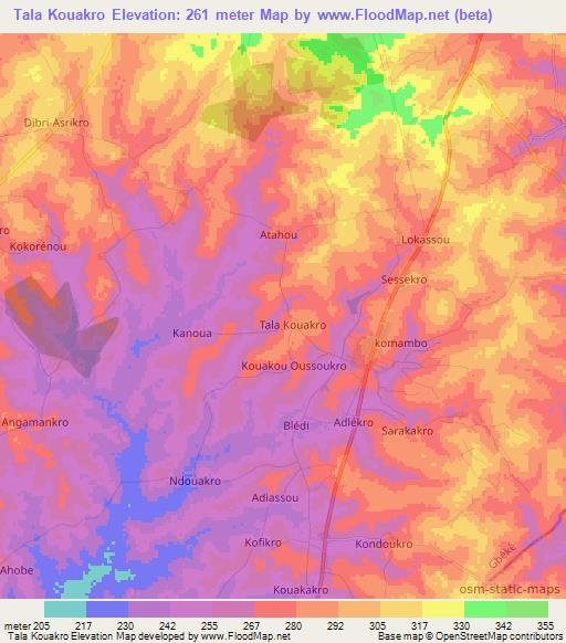 Tala Kouakro,Ivory Coast Elevation Map