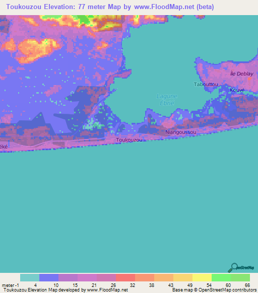 Toukouzou,Ivory Coast Elevation Map