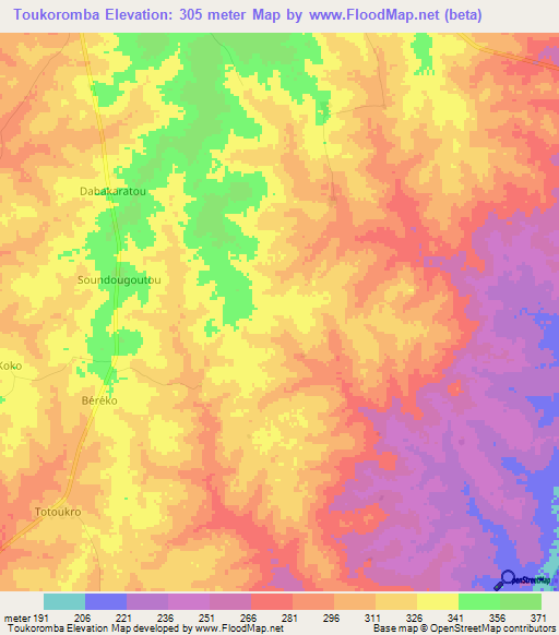 Toukoromba,Ivory Coast Elevation Map