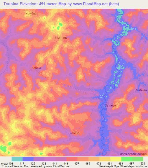 Toubina,Ivory Coast Elevation Map