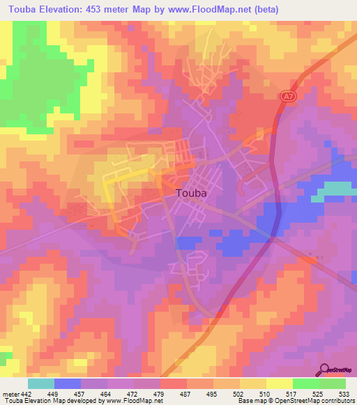 Touba,Ivory Coast Elevation Map