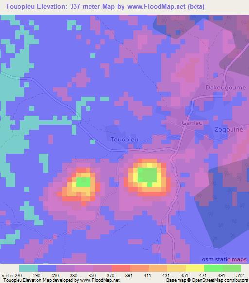 Touopleu,Ivory Coast Elevation Map