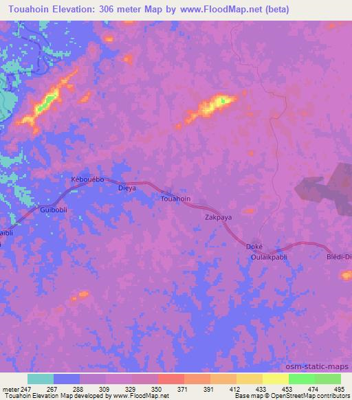 Touahoin,Ivory Coast Elevation Map