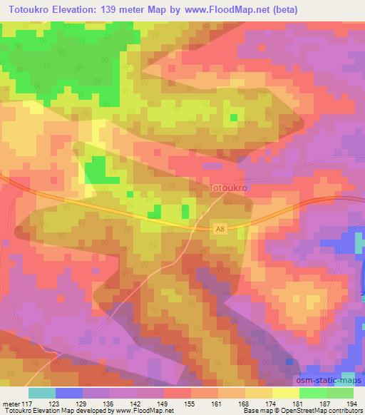 Totoukro,Ivory Coast Elevation Map