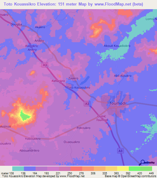 Toto Kouassikro,Ivory Coast Elevation Map