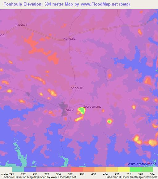 Tonhoule,Ivory Coast Elevation Map