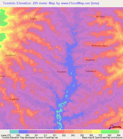 Tondolo,Ivory Coast Elevation Map