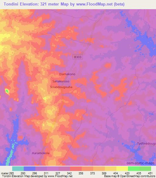 Tondini,Ivory Coast Elevation Map
